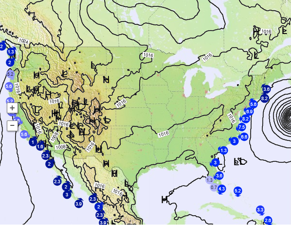 U.S. map showing coastal swell sizes, with larger waves on the East Coast and California.