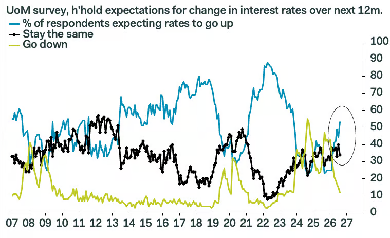 UoM survey, h'hold expectations for change in interest rates over next 12m: Household expectations of rising interest rates have jumped recently while expectations of falling rates have dropped sharply, reversing the 2024-25 pattern when more…